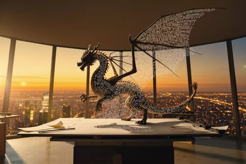 3D rendered sculpture emerging from swirling text into intricate geometric forms on cosmic background.