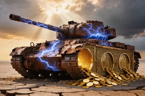 3D rendered video frame of battlefield chaos with glowing AI labels and currency symbols overlaid.