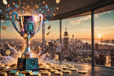 Glowing golden trophy on spotlighted podium with elegant silhouettes and floating cash symbols, 3D rendered.