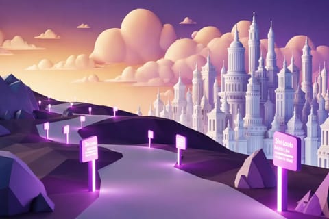 Surrealist creative workspace with glowing magenta pathways and amber tool constellations crafting realistic AI porn custom girl