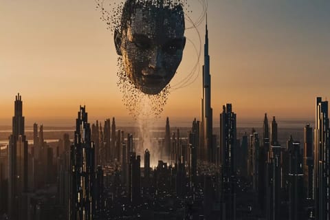 3D rendered face morphing between realistic and distorted versions on glitchy digital background.