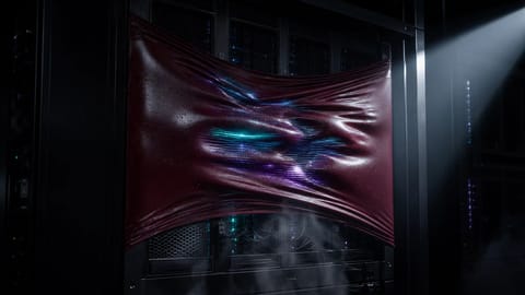Surreal 3D render of glowing YouTube screens with abstract AI neural patterns and blurred frames.