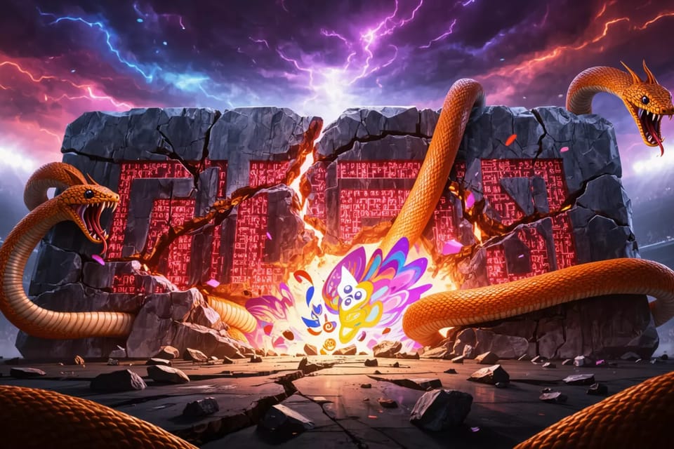 3D rendered gem shattering under blurred NSFW icons and chaotic Reddit speech bubbles.