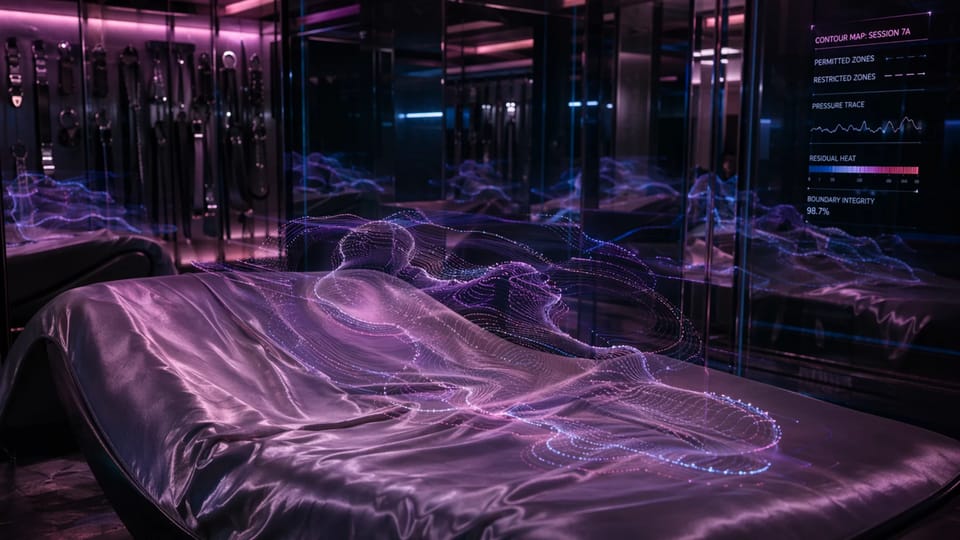 Abstract 3D render of blurred figures behind glowing digital filter overlays in neon tones